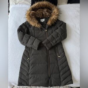 Cole Haan Women's Olive Puffer Coat with Faux Fur Trim